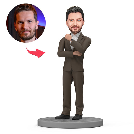 Personalised Boss bobblehead in brown suit with watch — polymer clay customised head, ideal Boss's Day gift and unique office desk accessory