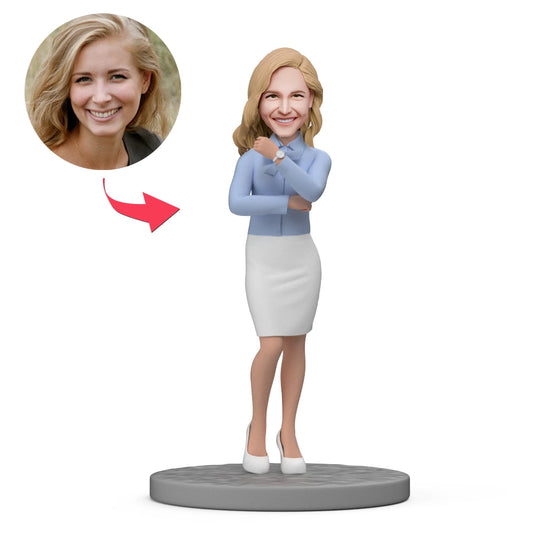 Custom Businesswoman Bobblehead with personalised head from your photo — mature professional figurine in premium polymer clay on an office desk, ideal personalised bobblehead gift for women, Mother’s Day, thank you or colleague keepsake