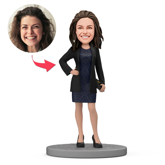 Personalised bobblehead fashion lady boss in skirt and casual suit, polymer clay custom female bobblehead gift and desk ornament