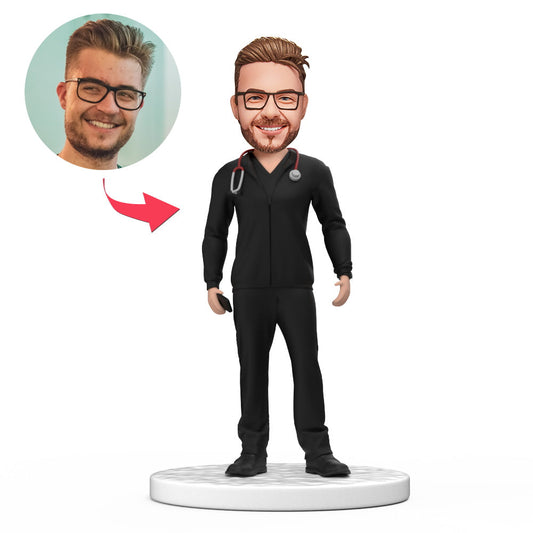 Personalised male doctor bobblehead in black scrubs with engraved jacket – handmade polymer clay custom face figurine, ideal medical graduation, Doctor’s Day or Father’s Day gift
