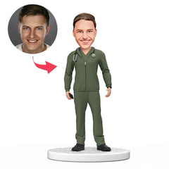 Personalized Male Doctor Bobblehead in Green Scrubs Kit with Jacket Engraved Text National Doctor's Day Gift
