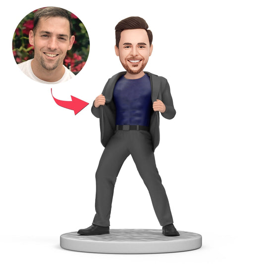 Personalised men's standing bobblehead in open suit with engraved base — custom men's bobblehead, handcrafted polymer clay figurine, perfect personalised gift for the UK and Australia