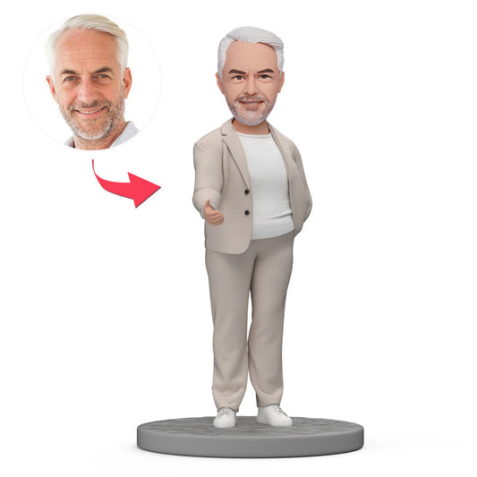 Boss's Day personalised bobblehead — boss in a smart white suit poised to shake hands, polymer clay figure with a customised head from your photo