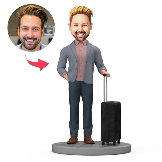 Personalised businessman bobblehead with suitcases – custom bobble head in formal suit, polymer-clay figure with photo-matched head; ideal business trip gift and corporate keepsake