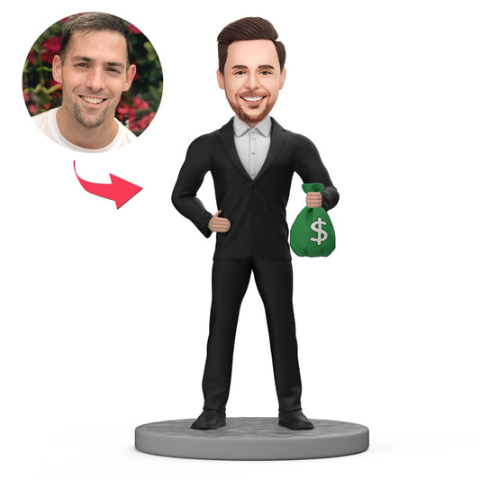 Custom Rich Boss bobblehead holding a money bag, personalised head modelled from your photo in durable polymer clay — ideal Boss's Day gift for him
