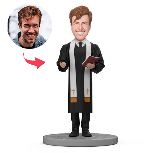 Custom wedding priest bobblehead with personalised face holding a Bible – bespoke minister bobble head, perfect officiant gift and personalised wedding figurine