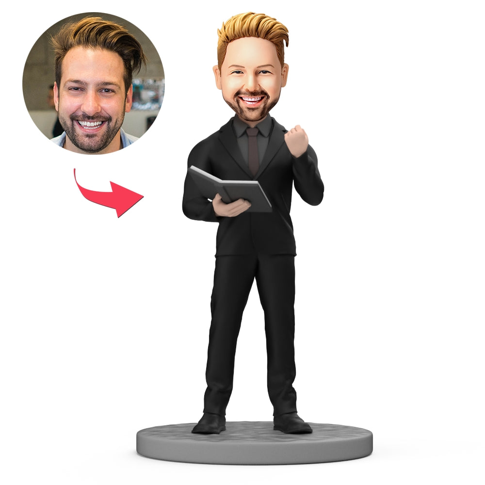 Personalised wedding host bobblehead with custom head and optional engraved text on the base — polymer clay emcee keepsake gift
