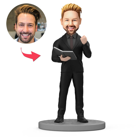 Personalised wedding host bobblehead with custom head and optional engraved text on the base — polymer clay emcee keepsake gift