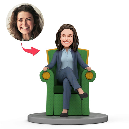 Personalised Lady Boss bobblehead sitting on a throne with a custom head – handcrafted polymer clay figure, ideal Boss's Day or thank-you gift