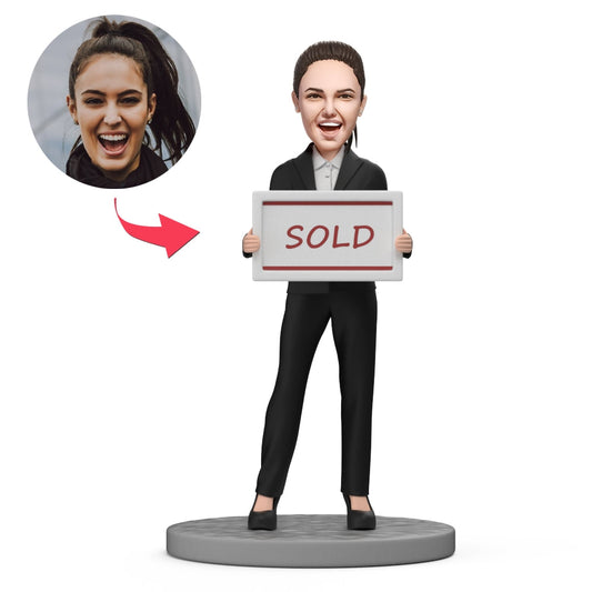 Personalised female estate agent bobblehead with custom sculpted head, hand-sculpted polymer clay custom head figurine — perfect realtor closing gift for UK and Australia