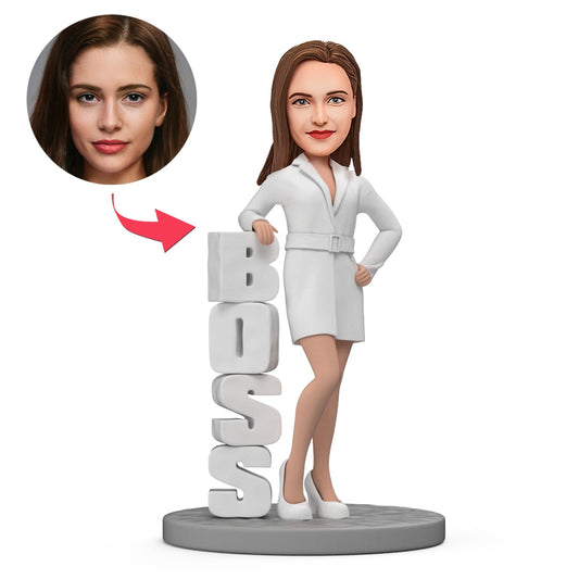 Custom female boss bobblehead in white suit — personalised head from your photo, polymer clay keepsake gift for mentors and managers in the UK and Australia