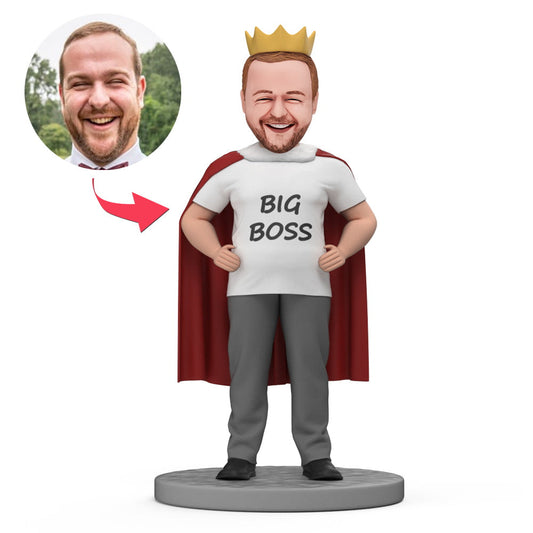 Close-up of personalised bobblehead head wearing crown — customised face sculpt from customer photos, ideal personalised gift for managers, mentors and colleagues