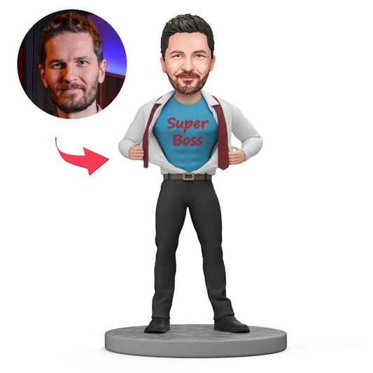 Personalised Boss Bobblehead Gift – custom polymer clay boss bobblehead in suit with personalised head likeness; ideal personalised face gift for him, boss, husband or dad