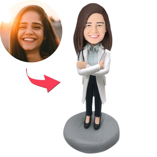 Personalised female doctor bobblehead in lab coat with engraved stethoscope – polymer clay figurine, full standing pose with customisable head