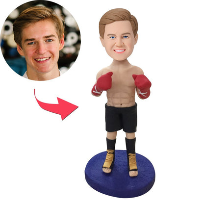 Personalised polymer clay boxer bobblehead with custom head and engraved base, hand-painted boxer in gloves and shorts — personalised gift for fighters, coaches and fans