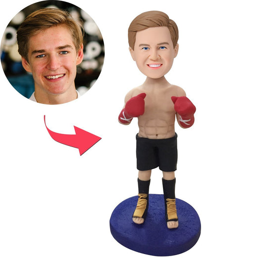 Personalised polymer clay boxer bobblehead with custom head and engraved base, hand-painted boxer in gloves and shorts — personalised gift for fighters, coaches and fans