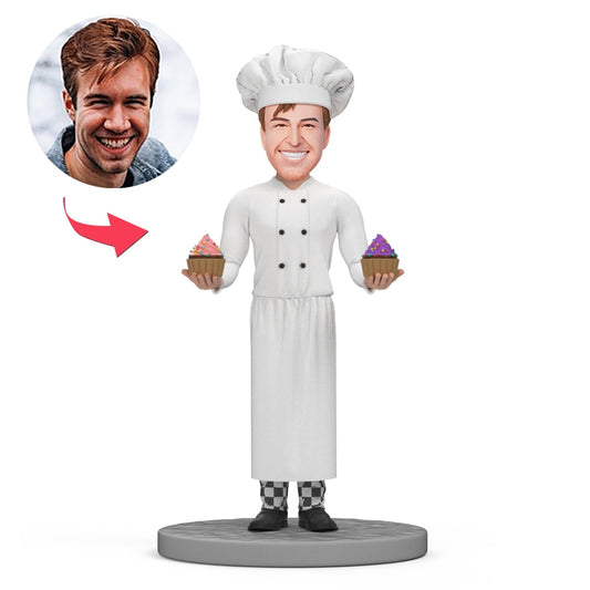 Personalised male chef bobblehead polymer clay figurine with custom head and engraved base — bespoke chef gift for birthdays, retirement or restaurant openings