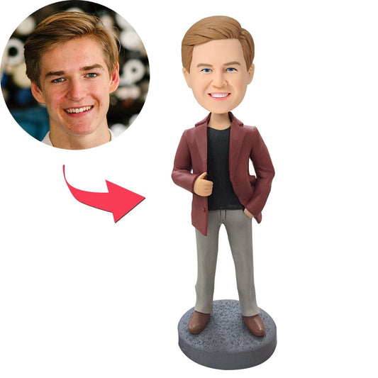 Personalised man in leather jacket bobblehead with engraved base – handcrafted polymer clay figurine, custom bobble head and personalised gift for him in the UK and Australia