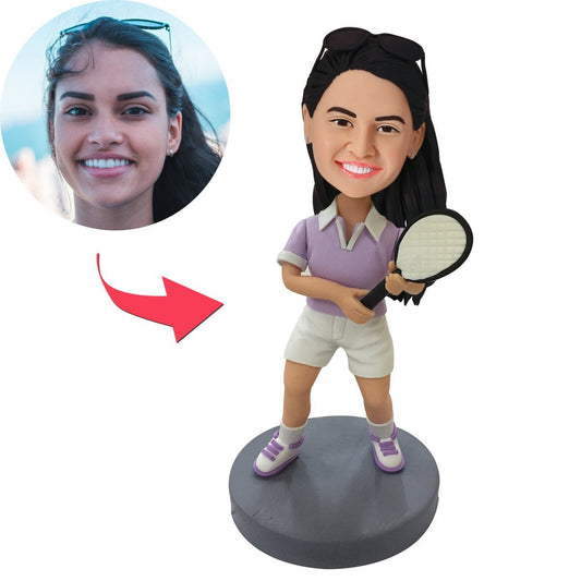 Custom tennis player bobblehead with personalised engraved base — polymer clay figurine with customised head likeness, ideal personalised tennis gift