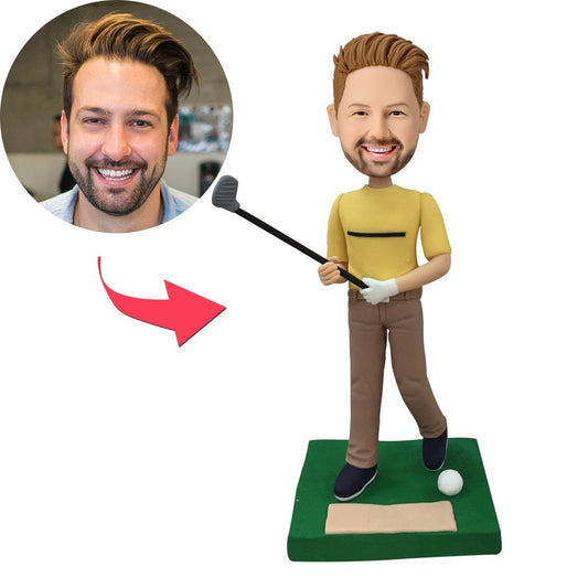 Custom golfer bobblehead mid-swing with personalised head and engraved base - personalised golf gift and polymer clay keepsake