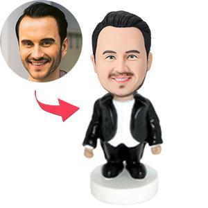 Opera singer personalised bobblehead in black tuxedo — polymer clay figure with custom head from photos and engraved text on the base, perfect personalised gift for husband, dad or groomsmen
