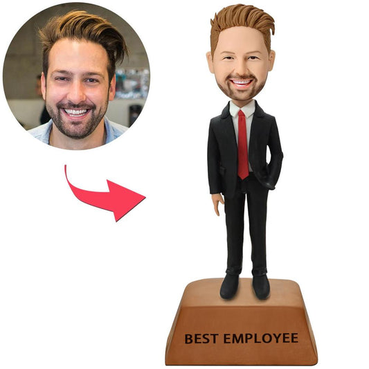 Best Employee trophy-base custom bobblehead of male executive in suit with red tie - personalised face gift on a trophy-style base, hand-sculpted polymer clay corporate award