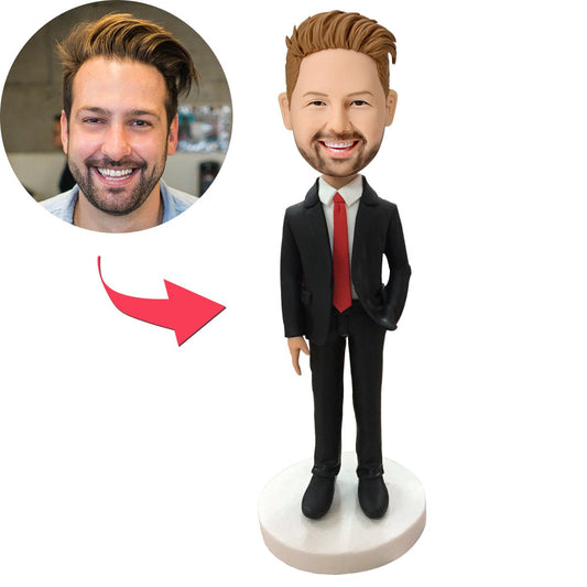 Personalised male executive bobblehead in red tie — customised head from supplied photos, polymer clay business gift and desk ornament