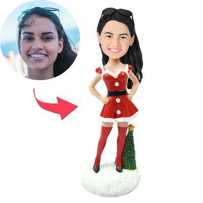Personalised sexy Christmas woman bobblehead on a Christmas tree base with engraved text — custom polymer clay figurine gift for her