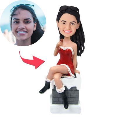Personalised Sexy Lady Christmas bobblehead with engraved base – polymer clay custom gift showing customised head likeness and festive outfit