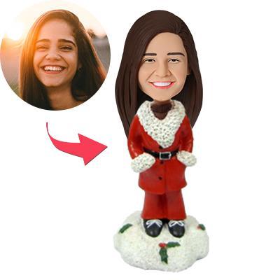 Christmas personalised casual woman bobblehead with engraved base — custom polymer clay figurine, personalised bobblehead Australia, engraved bobblehead Christmas gift