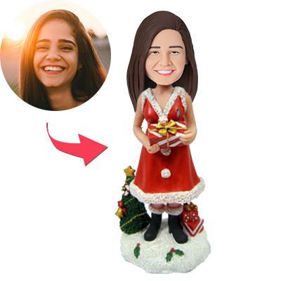 Personalised Christmas Lady with Gifts bobblehead front view – polymer clay custom bobblehead with personalised head and engraved text, ideal personalised Christmas gift for mum or grandma