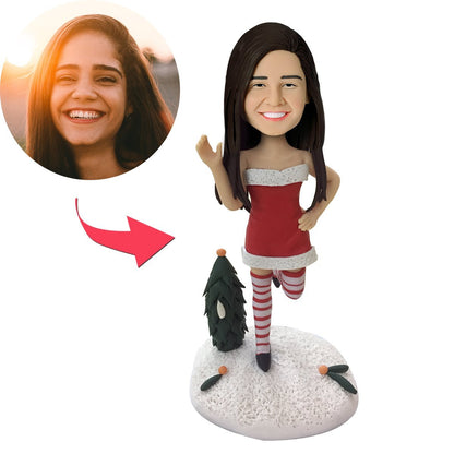 Personalised sexy Christmas woman bobblehead saying 'Hi' – custom polymer clay figurine with engraved base, personalised head likeness and custom text; unique Christmas gift for UK & Australia