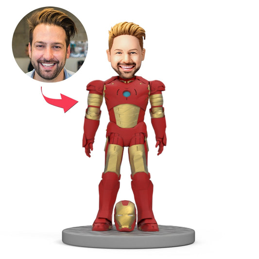 Personalised Iron Man bobblehead polymer clay figure, front view with engraved text on the base — custom superhero bobblehead gift