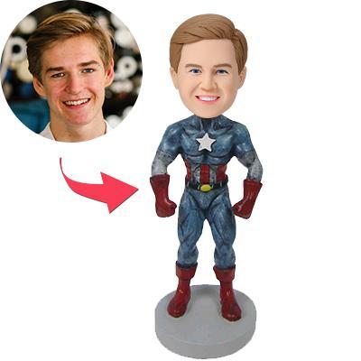 Front view of Captain America B personalised polymer clay bobblehead with customised head modelled from your photo and engraved text on the base