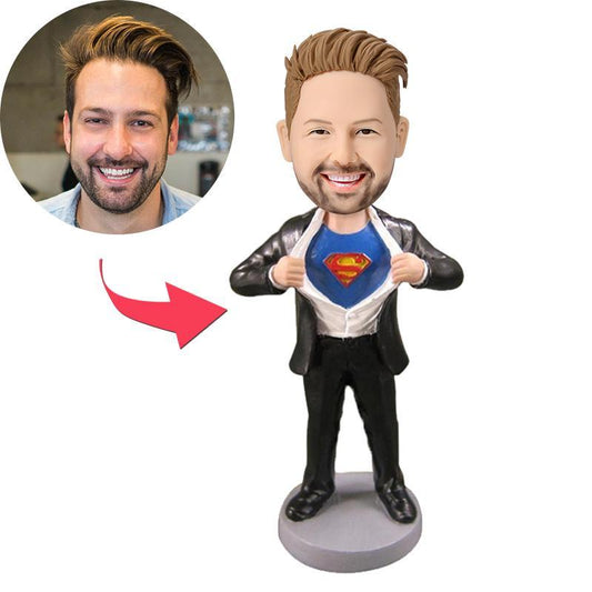 Personalised Superman customised bobblehead — polymer clay figure with customised head from your photo and engraved base, front view