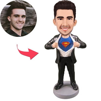 Personalised Superman Strip D custom bobblehead with polymer clay head, fixed superhero outfit and pose — ideal personalised superhero bobblehead gift