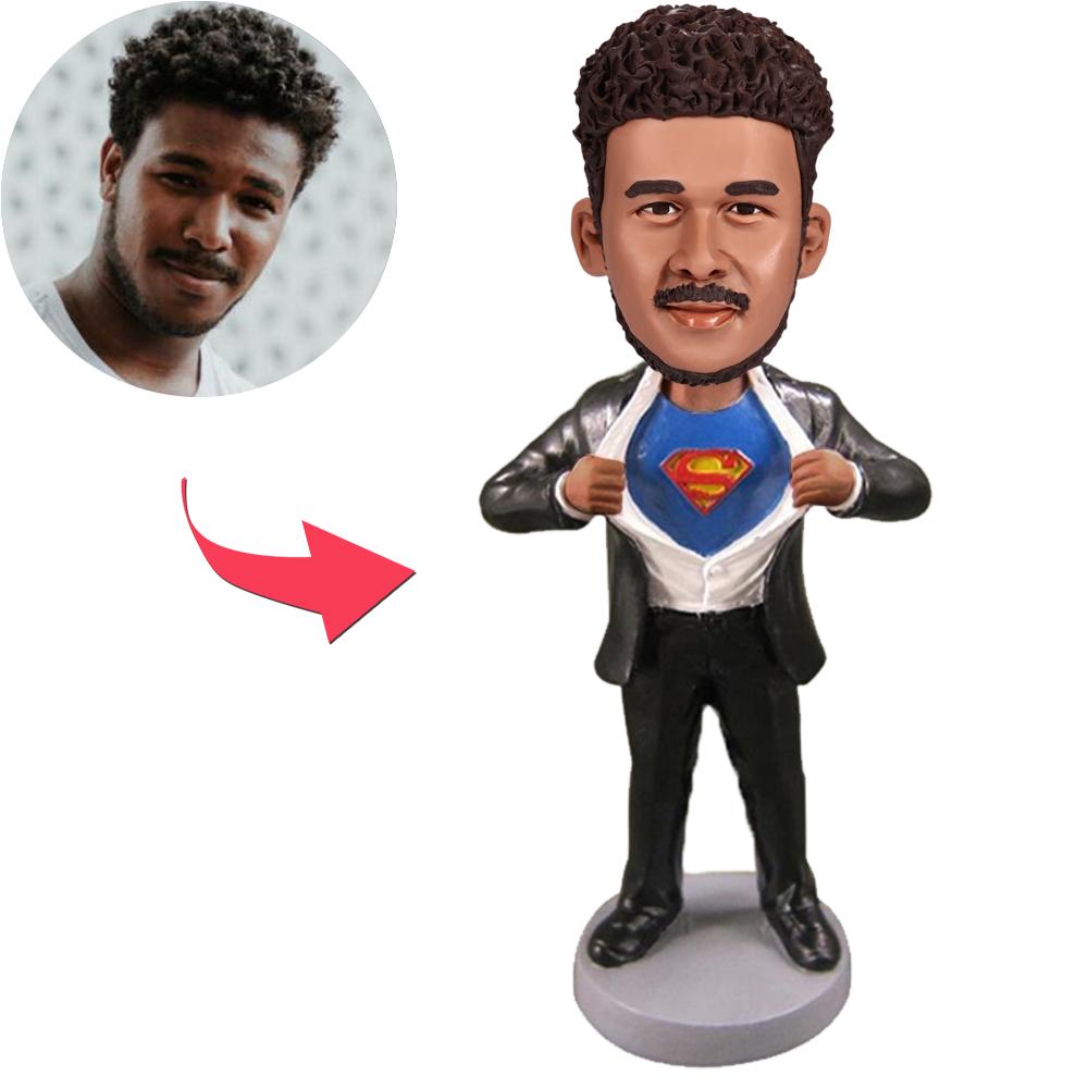 Superman Strip - E personalised polymer clay custom bobblehead - personalised head on fixed superhero body with hand-painted detail