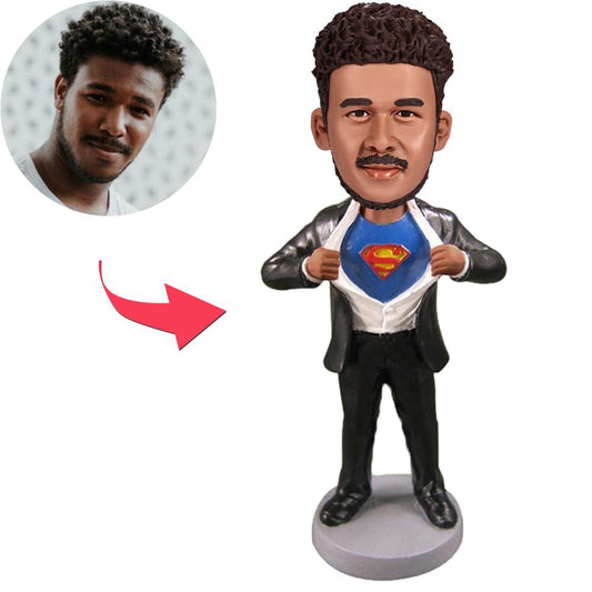 Superman Strip - E personalised polymer clay custom bobblehead - personalised head on fixed superhero body with hand-painted detail