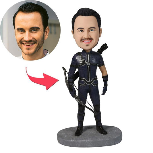 Front view of Hawkeye-inspired custom bobblehead — personalised polymer clay figurine with engraved text on the base, custom head from your photo