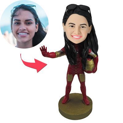 Personalised Iron Man bobblehead with custom-engraved base, polymer clay figure featuring a personalised head matched to your photo — ideal custom superhero gift