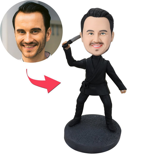 Handcrafted polymer clay personalised Japanese ninja bobblehead — front view of full figure with custom engraved text on the base, ideal birthday or anniversary gift