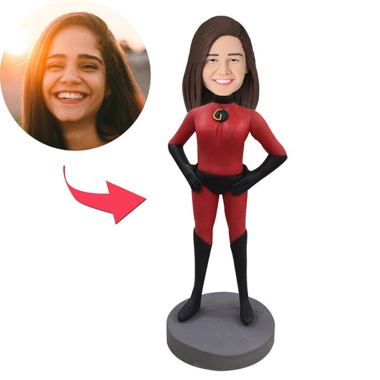 Incredibles Woman personalised custom bobblehead with engraved text — polymer clay full-standing figure with a customised head, fixed superhero body and lifelike facial likeness