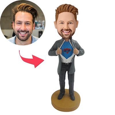 Personalised Superman-style custom bobblehead with engraved base, polymer-clay novelty gift — photo-customised head for a funny keepsake