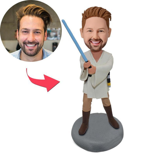 Star War custom bobblehead with engraved text - hand-crafted personalised polymer clay figure, full standing front view showing customised head (from supplied photos), fixed body pose and engraved base; perfect personalised gift for fans and collectors