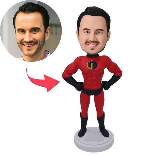 Incredibles-style personalised custom bobblehead with engraved text on base, polymer clay figure with photo-customised head — ideal personalised gift or desk ornament