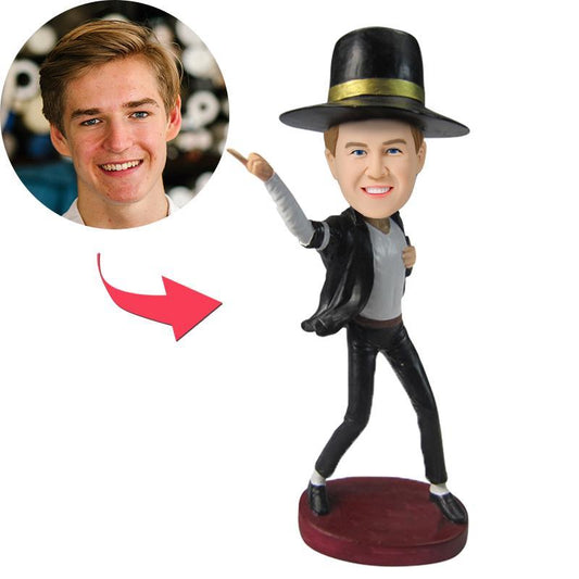Personalised custom bobblehead with engraved text on base, customised facial features and short hairstyle, premium polymer clay — unique photo gift Australia