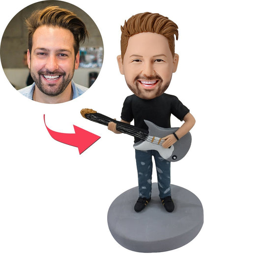 Personalised guitar bobblehead with engraved text on base – polymer clay guitar man figurine with custom head (hairstyle and facial features), fixed body, ideal musician gift