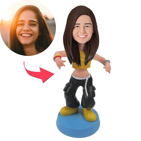 Personalised woman dancing custom bobblehead (polymer clay) with engraved text on base – customised head from your photo, ideal personalised birthday or anniversary gift
