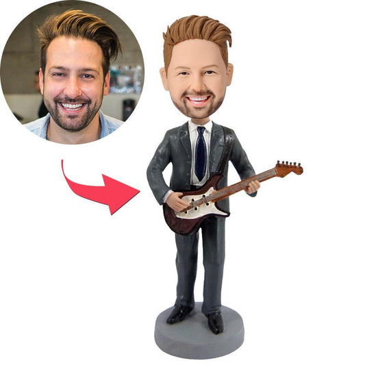 Personalised guitar bobblehead with engraved text – handcrafted polymer clay full-body figurine of a guitarist with a customised head from your photo, ideal gift for musicians