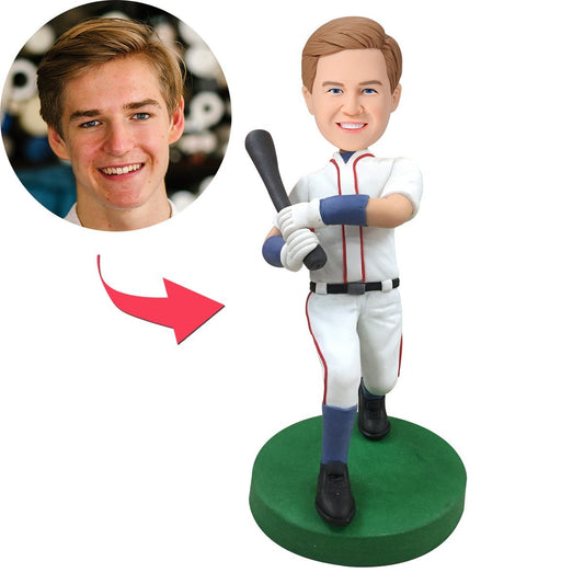 Personalised baseball batsman bobblehead in white kit — customised head from your photo with chosen hairstyle, polymer clay figure with optional engraved text on the base, perfect personalised gift for Dad or grandad